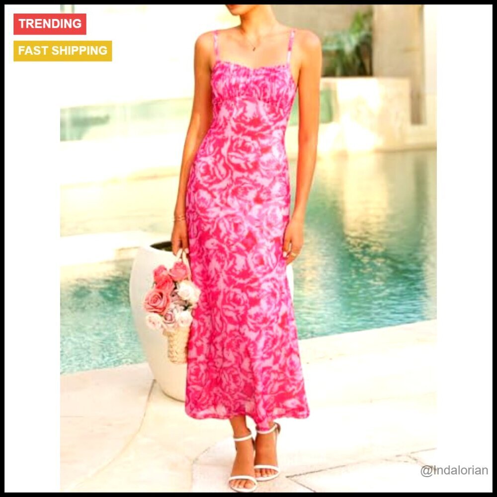 Floral Maxi Dress Sleeveless Square Neck Bodycon Boho Beach Summer Chic - Picture 2 of 7